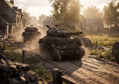 Military Tanks in War-Torn Village