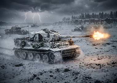 Tiger Tank firing in winter landscape