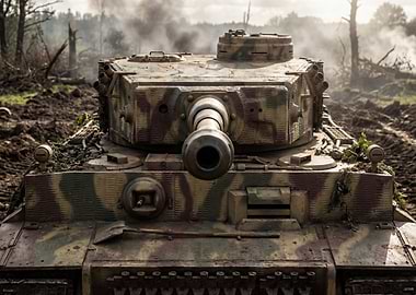 Camouflaged Tank in Battlefield Setting
