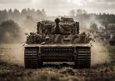 Camouflaged Tiger Tank in Battlefield Setting