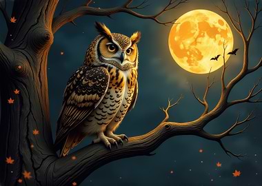 Owl Perched Under a Full Moon