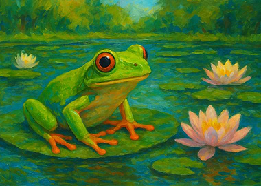 Green Frog on Lily Pad Painting