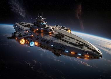 Spaceship over Earth-like planet