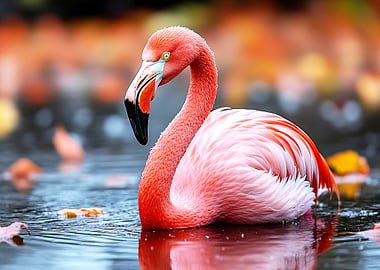 Flamingo in Water with Autumn Background