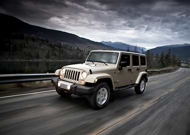 Beige Jeep Wrangler on Mountain Road