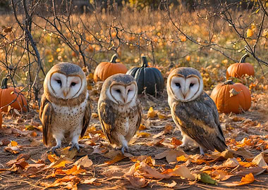 Three Owls with Pumpkins in Autumn Super Cute