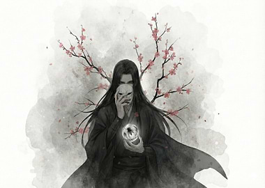 Masked Figure with Cherry Blossoms