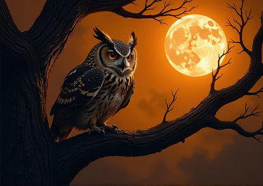 Owl Perched Under a Full Moon