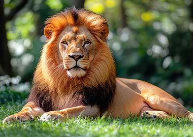 Majestic Lion Resting in Greenery