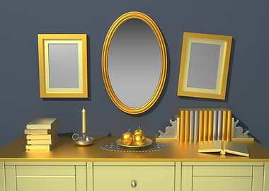 Golden Still Life with Mirror and Frames