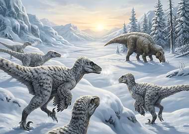 Dinosaurs in a Snowy Landscape