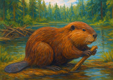 Beaver with Wood in Forest Painting