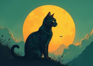 Black Cat Silhouette Against a Full Moon