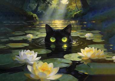The Secret Pond – Black Cat Hiding Among Water Lilies