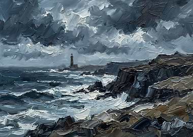 Lighthouse on Rocky Coast Oil Painting