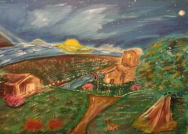 Rural Landscape Painting with Watermill