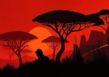 African Sunset with Lion Silhouette