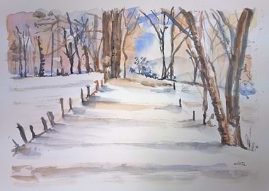 Winter Landscape Watercolor Painting