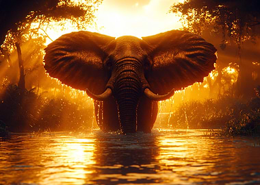 Elephant in Golden River at Sunset