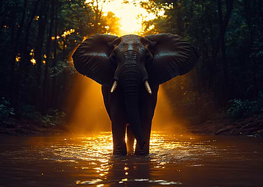 Elephant in Water at Sunset