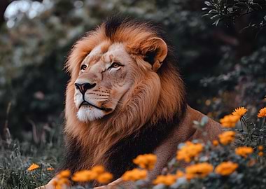 Majestic Lion Portrait in Floral Setting