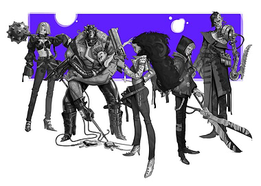 Fantasy Gang Illustration with Purple Backdrop