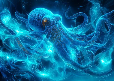 Glowing Blue Octopus in Deep Sea