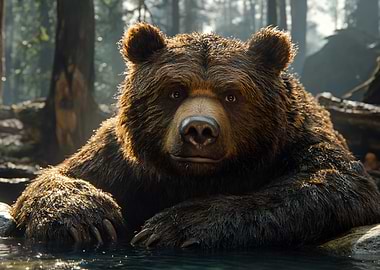 Brown Bear Portrait in Forest Stream