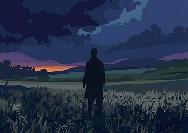 Silhouette in Field at Dusk