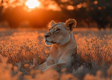 Lioness in golden sunset light