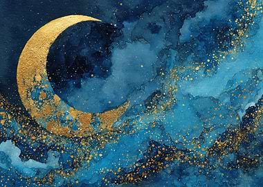 Golden Moon Watercolor Night Sky