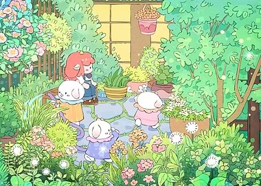 Cute Characters in a Lush Garden
