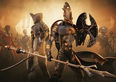 Warframe characters in golden light