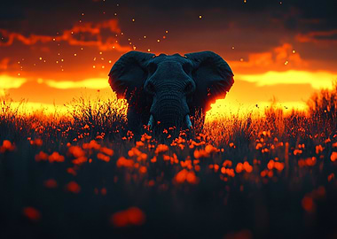 Elephant in Field at Sunset