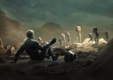 Astronaut and Aliens on a Distant Planet