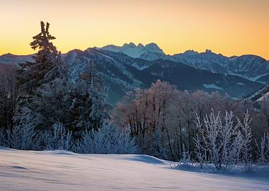 Winter landscape with snow and mountains