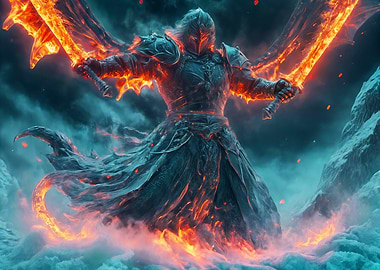 Fiery Knight with Swords in Snowy Landscape