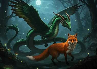 Dragon and Fox in Enchanted Forest