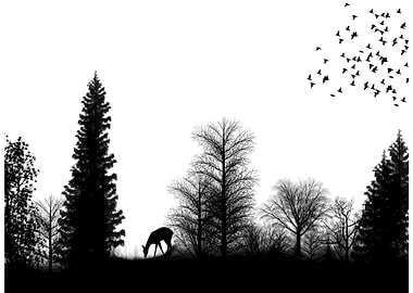 Monochrome Deer in Forest Silhouette