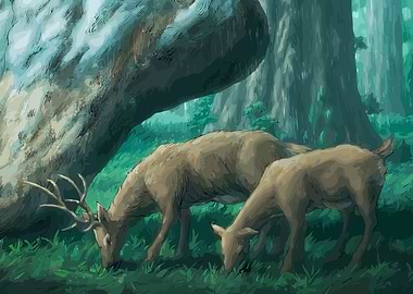 Deer Grazing in Forest Illustration