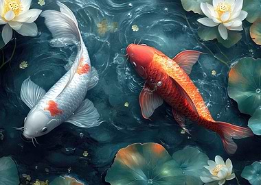 Koi Fish and Lotus Pond
