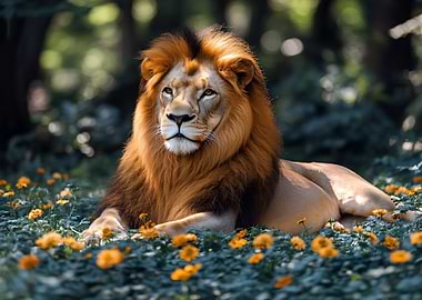 Majestic Lion in a Floral Meadow