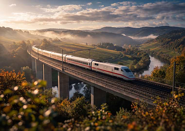 High-Speed Train on Viaduct at Sunrise