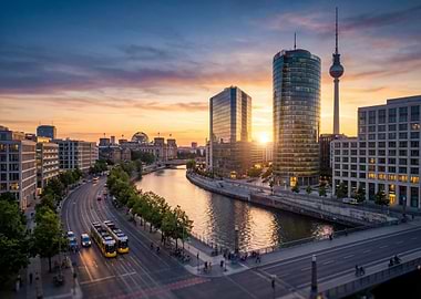 Berlin cityscape at sunset