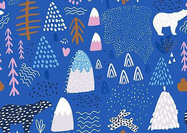 Blue Pink Snowy Happy Winter Forest Bear Bunny