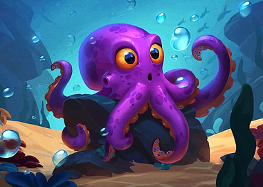 Cartoon Purple Octopus Underwater Scene