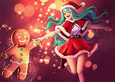 Christmas Anime Girl with Gingerbread Man