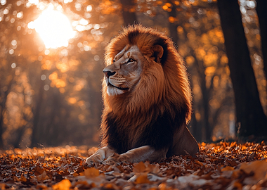 Majestic Lion in Autumn Forest