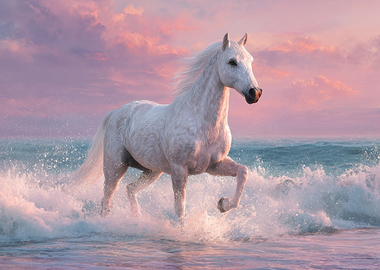 White Horse Galloping in Ocean Waves