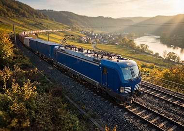 Blue Cargo Train in Scenic Landscape